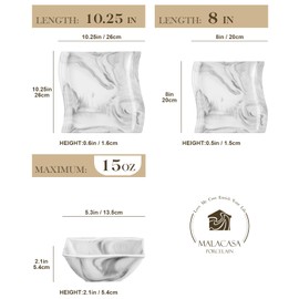 MALACASA Dinnerware Sets, 12-Piece Porcelain Plates and Bowls Sets, Square Dinnerware Set with Dinner Plates, Dessert Plates and Bowls, Marble Dish Set for 4, Modern Plates Set, Series Flora