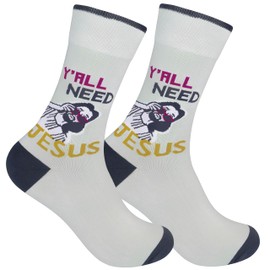 FUNATIC Y’All Need Jesus Novelty Dress Socks for Men and Women | Best Sarcastic Gift Idea with Funny Spiritual Saying | Religion Lover Church Apparel Gag Present | Blessed Holiday Party Joke Attire