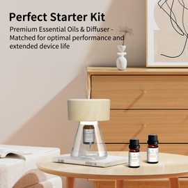 Minidiva Twilight Waterless Diffuser with Sweet Dreamscape Essential Oil Blends, Atomizing Diffuser with Essential Oil Set, Optional LED Light, Quiet, Battery Powered for Office Home -Woodgrain