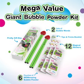 WOWMAZING Mega Value Big Bubble Kit: 2 Large Bubble Wands 6-Pack of Big Bubble Powder (Makes 6 Gallons) | Outdoor Toy for Kids, Boys, Girls | Powder Made in USA