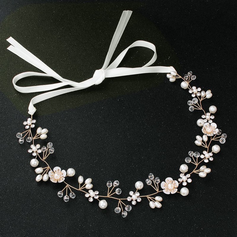Samcos Hair Ornament, Flowers, Crystal Beads, Pearl, Ribbon, White, Headdress
