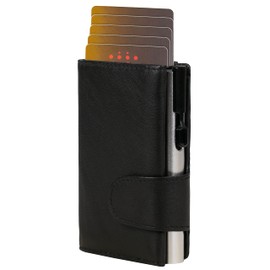 ClickSafe® Credit Card Holder with Coin Compartment and Note Compartment Made of Black Nappa Leather with Silver Aluminium Safe and RFID Protection (Card Holder, Slim Wallet), black