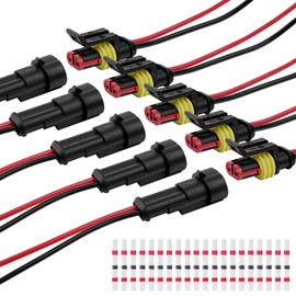 URAQT 2 Pin Cable Connector Plug, 5 Sets Waterproof Connector Cable Connector with Cable 16 AWG Marine for Car Truck Kayak Boats Scooter Motorcycle (with 20 Pieces Solder Connectors)