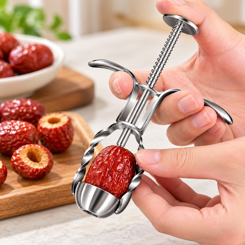 Stainless Steel Fruit Pitter for Cherries & Jujubes – Spring-Loaded