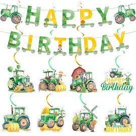 Farm Green Traktor Geburtstag Deko - 10 StüCk Green Tractor Happy Birthday Banner HäNgend Wirbel Girlande FüR Jungen Und MäDchen Kindergeburtstag Babyparty Farm Themenpartys Lieferungen