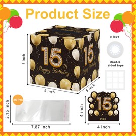Black Gold Surprise Money Box Gift Pull, 15th Birthday Gifts for Boys Girls, Money Box for Cash Gift, 15th Birthday Party Decorations Supplies（with 35PCS Bags）