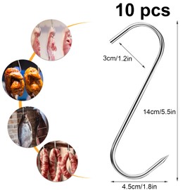 Xionghonglong Butcher Hooks, Pack of 10 S Hooks, 14 cm, Stainless Steel, Butcher Hooks with Pointed End, Butcher Hooks, Kitchen Hooks, Meat Hooks for Kitchen, Bathroom, Meat Processing