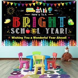 Here’s to a Bright School Year Backdrop Banner Colorful Welcome Back to School Decoration Backdrop First Day of School Party Banner for Kindergarten Preschool Classroom Office Party Decoration