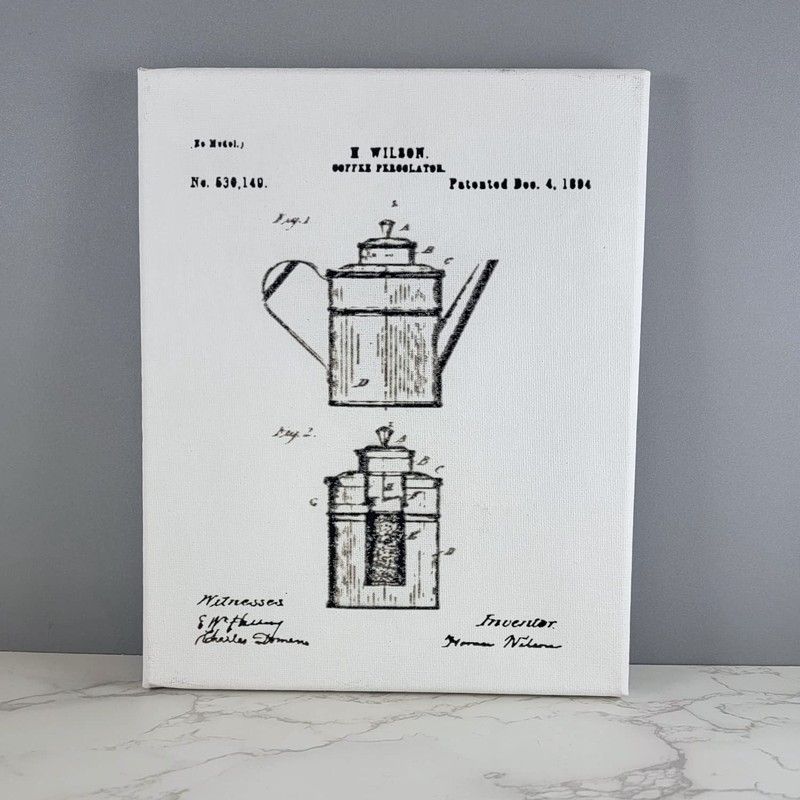 YNGLLC COFFEE PERCOLATOR PATENT SKETCH REPRODUCTION 8x10 CANVAS WALL ART