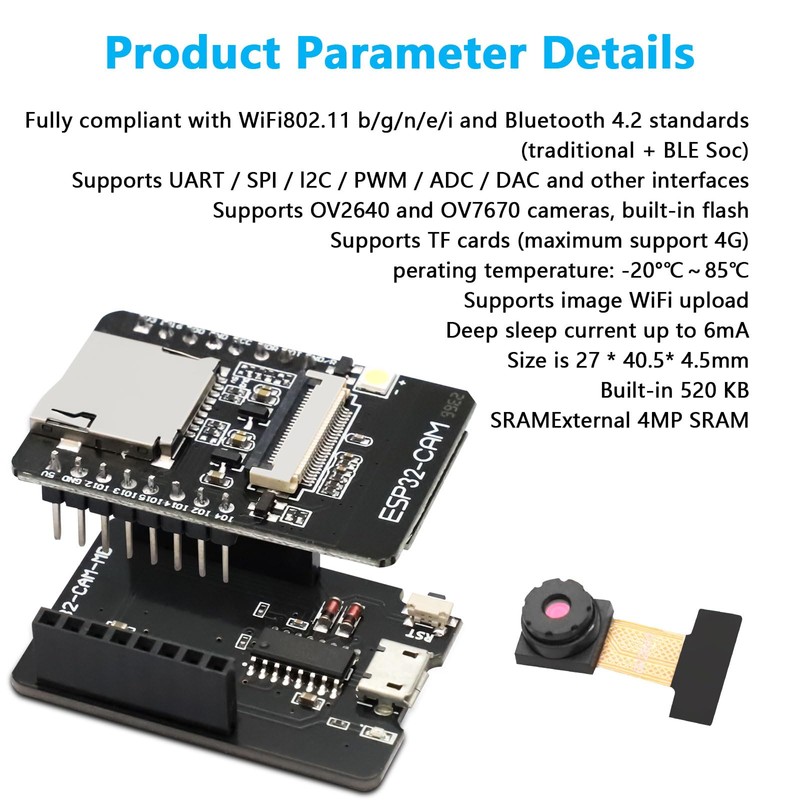 ESP32-CAM, QIQIAZI ESP32 CAM MB WiFi/Bluetooth Development Board Dual Core