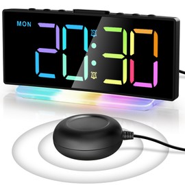Loud Vibration Alarm Clock for Deep Sleepers, Hearing Impaired, Deaf, RGB LED Alarm Clock Digital with Bed Shake & Week for Children Seniors Bedroom, 2 Alarms, 8-Colour Large Display, Night Light, 4