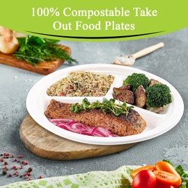 three leaf 10 Inch 3 Compartment Bagasse Plate and 12 Oz. Bagasse Bowl Combo, 50 Ct. Each, Disposable Tableware, 100% Biodegradable