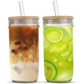 24 oz Glass Cups Set - 2 Pack Glasses Drinking Set with Leakproof Bamboo Lids & Glass Straws, Clear Kitchen Glasses Tumblers for Iced Coffee, Juice and Smoothie
