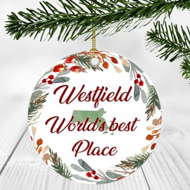 Westfield Massachusetts World's Best Place - Westfield City Ornament Souvenir with Massachusetts State Map Gift Gift for Family, Friend New Home Ornament 3 Inch Plastic Circle