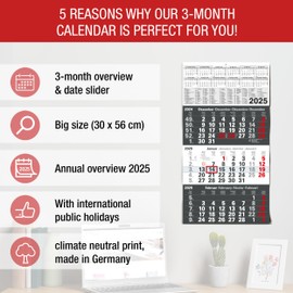 TOBJA 3 Month Calendar 2025 Wall Calendar with Slider Europe Version - "Anthracite" Calendar 2025 Wall Calendar FSC Certified Large Format 56 x 30 cm (Folded!)