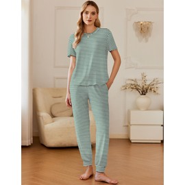 Ekouaer 2 Pack Womens Pajama Sets Short Sleeve Tops Jogger Pants Lounge Sets Soft Loungewear Printed Pj with Pockets