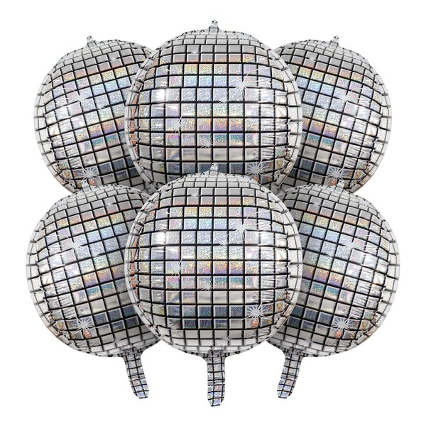 6 PCS Disco Ball Balloons Silver Disco Mylar Foil Balloons 22 Inch Huge 4D Round Metallic Sphere Disco Party Balloons for 70s 80s 90s Party Decorations Birthday Bachelorette Party Graduation