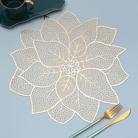 Hosoncovy 4 Pack PVC Placemats Lotus Placemats Waterproof Oilproof Table Placemats Set of 4 Decorative Placemats for Home Table Wedding Party (Gold)