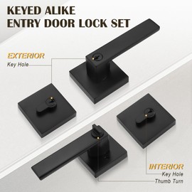 Brotima 3 Pack Flat Black Square Entry Levers Locksets and Double Cylinder Deadbolts Combination Set, Heavy Duty Front Door Office Entrance Levers, Keyed Alike(All Same Keys)