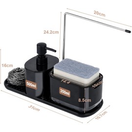 TOTSUN Sink Organiser, Kitchen Dishwashing Liquid Dispenser Set, Soap Dispenser Set, 3 in 1 Soap Dispenser Kitchen Sponge Holder, Sink Organiser for Kitchen Sink Black