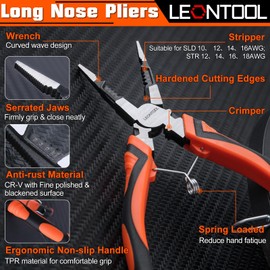 LEONTOOL 6-in-1 Long Nose Plier, 8" Multipurpose Needle Nose Pliers, High Leverage Wire Stripper Tool, CR-V Steel Forged Electrician Plier for Electric Cable Crimping, Stripping, Shearing, Screwing
