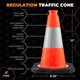 Xpose Safety 12 Inch Orange Traffic Cones with 4" Collar - Multipurpose PVC Plastic Safety Cone for Parking, Soccer, Caution, Kids and Construction 12 Pack