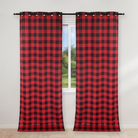 Simple Deluxe Buffalo Plaid Blackout Curtains Panels for Living Room, Bedroom Farmhouse Courtyard Style Room Darkening Thermal Insulated Kitchen Curtains, 37" W x 95" L, Black and Red
