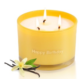 KONNI Vanilla Candle for Women Men Happy Birthday Soy Candle 3 Wicks Highly Scented Candle 12.35 oz. Long Lasting Aromatherapy Candle Gifts 48-50 Hours Jar Candle for Mom, Girl, Boy, Friends, Lover