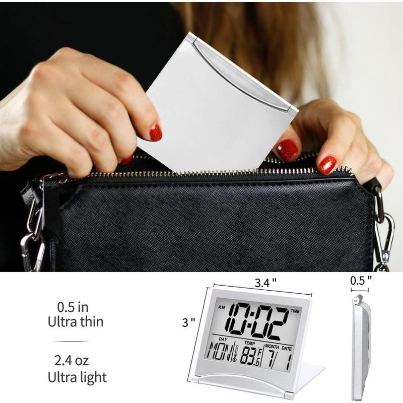 Digital Travel Alarm Clock - Foldable Calendar Temperature Timer LCD