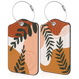 Boho Abstract Leaves Luggage Tag for Suitcase 2 Pack Leather Luggage Tag with Privacy Flap Name ID Label and Metal Loop for Women Men Travel
