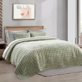 RECYCO Luxury Velvet Quilt Set Full Queen Size Bedding Sets, Ultra Soft Velvet Comforter Set, Lightweight Channel Box Stitch Oversized Bedspread Coverlet for All Season, with 2 Shams, Sage Green