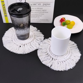 HFZRZFH Handcrafted 2-Pack Boho Macrame Coasters, Super Absorbent Cotton Rope with Tassels, Stylish Farmhouse Decor for Home & Office, Protects Furniture, Ideal Housewarming Gift