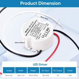 MujHoJm Waterproof IP67 LED Driver 12 Watts, LED Power Supply 12V 1A, Round 120V to 12V Transformer for Indoor and Outdoor LED Lighting