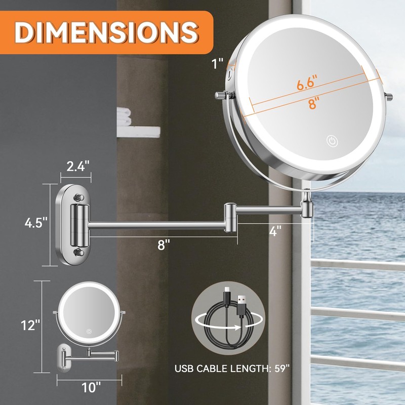 Auxmir 1X/30X Wall Mounted Makeup Mirror with Light, 8" Rechargeable