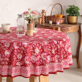 DecorAvenue - Funda de mesa impresa con bloque de mano, diseño exquisito, tela de algodón de alta calidad, perfecta para comedor y decoración, ropa de mesa de comedor (rojo cerezo, 6 plazas 72