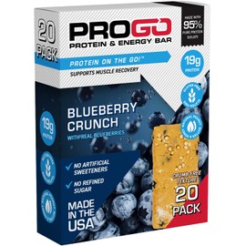 ProGo Protein Bars, Low Sugar, High Protein Snacks (19g) - 95% Pure Isolate for Faster Muscle Growth & Recovery, Low Calorie, Sweetened w/Peanut Butter & Raw Honey (20-Count, Blueberry Crunch)