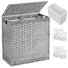 SETVSON Laundry Hamper with Lid Wicker Laundry Basket 112 L (29.6 Gal) Laundry Hampers Handwoven Rattan Clothes Hamper with Handles 3 Removable Liner Bag, 6 Mesh Bags for Bathroom Bedroom Gray