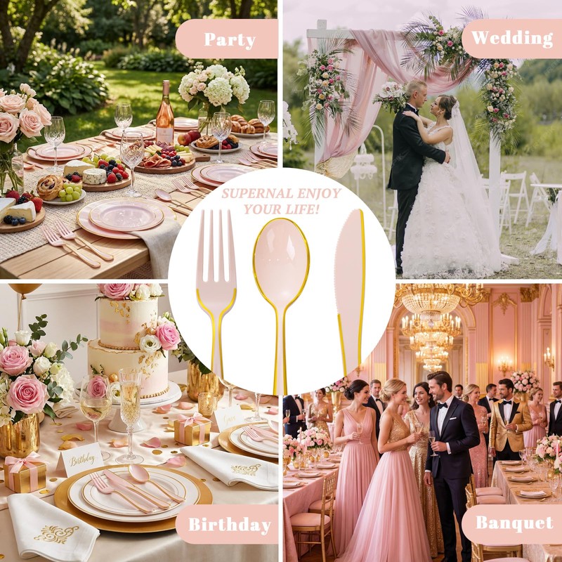 120pcs Pink and Gold Plastic Silverware Disposable Utensils Set
