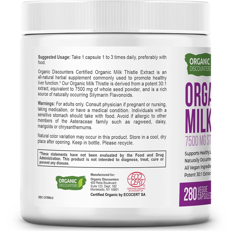 Organic Discounters Milk Thistle Capsules, 280 Count, 7500 mg Strength,