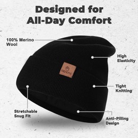 BUTITNOW 100% Merino Wool Cuff Beanie Hat, Unisex Warm Winter Caps Soft, Breathable & Cozy Stretchy Knitted Cuffed Cap Black