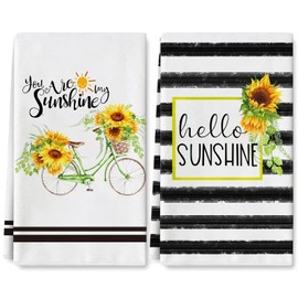 AnyDesign Sunflower Kitchen Dish Towel 18 x 28 Inch Seasonal Watercolor Flower Bicycle Cloth Tea Towel White Black Stripes Spring Summer Farmhouse Decorative Hand Towel for Kitchen Home Cooking, 2Pcs