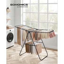 SONGMICS Clothes Drying Rack, with Sock Clips, Metal Laundry Rack, Foldable, Space-Saving, Free-Standing Airer, with 2 Height-Adjustable Gullwings, Indoor Outdoor Use, Black ULLR052B01
