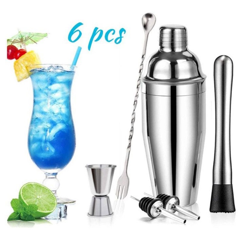 6Pcs Bartender Kit Stainless Steel Cocktail Shaker Mixing Stick Bar