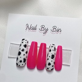 [Handmade Nail Tips] Hot Pink Cow Nails - Almond / [수제네일팁] 핫핑크 카우 네일 - 아몬드