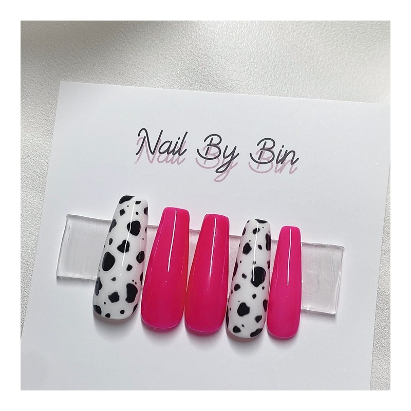 [Handmade Nail Tips] Hot Pink Cow Nails - Almond /