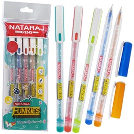 NATARAJ Funkies Ballpoint Pens, BLUE, 0.7mm Fine Point, Pack of 5, Pastel Body, Smooth Writing, School Office Home Use, ZOFAX Black Ball Pen
