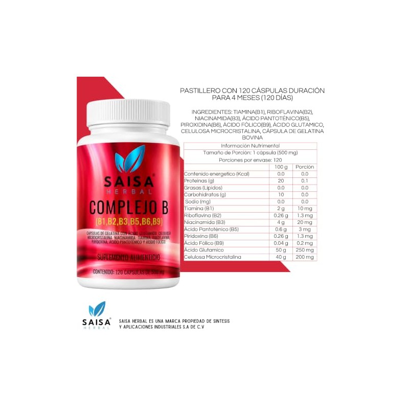 Complejo B 120 Cápsulas de 500 mg Vitaminas (B1+B2+B3+B5+B6+B9) SAISA