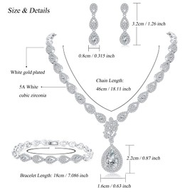 Deyanse Wedding Jewellery Set, Tear Drop Necklace & Earrings Hanging & Bracelet Set, Silver/Rose Gold/Gold Bridal Women's Jewellery Set with AAAAA White Cubic Zirconia in Engagement for Bride Lovers