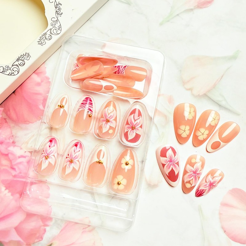Pink Flower Press on Nails Medium Almond Fake Nails with