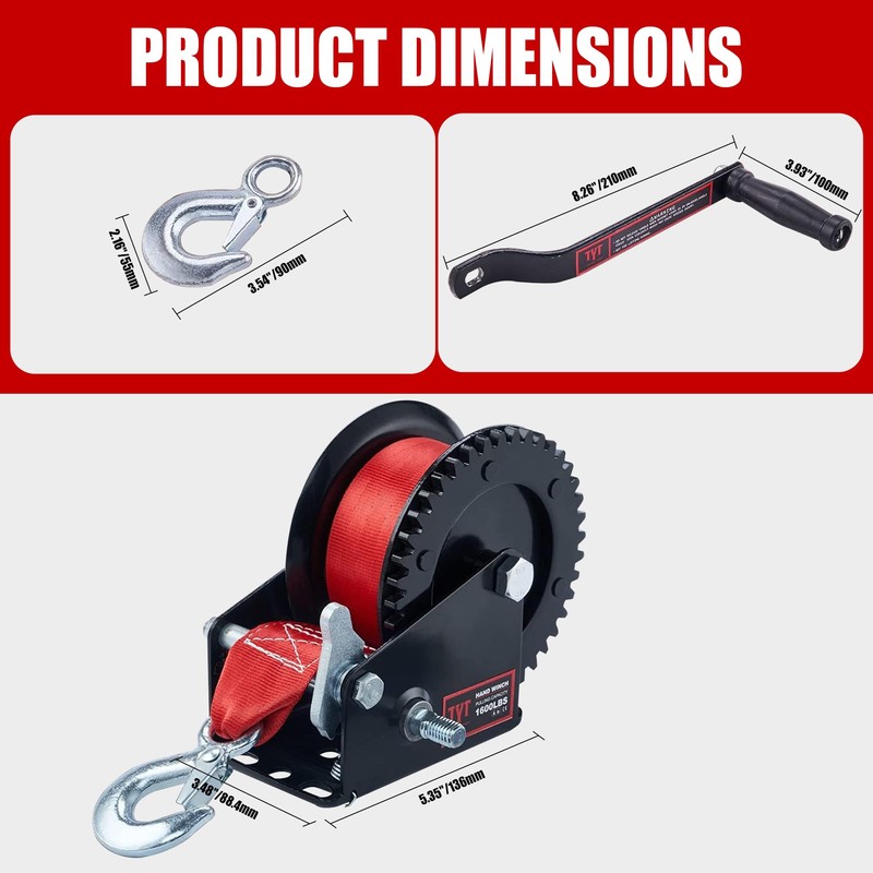 TYT 1600lb Boat Trailer Winch with 8M Red Strap, 2